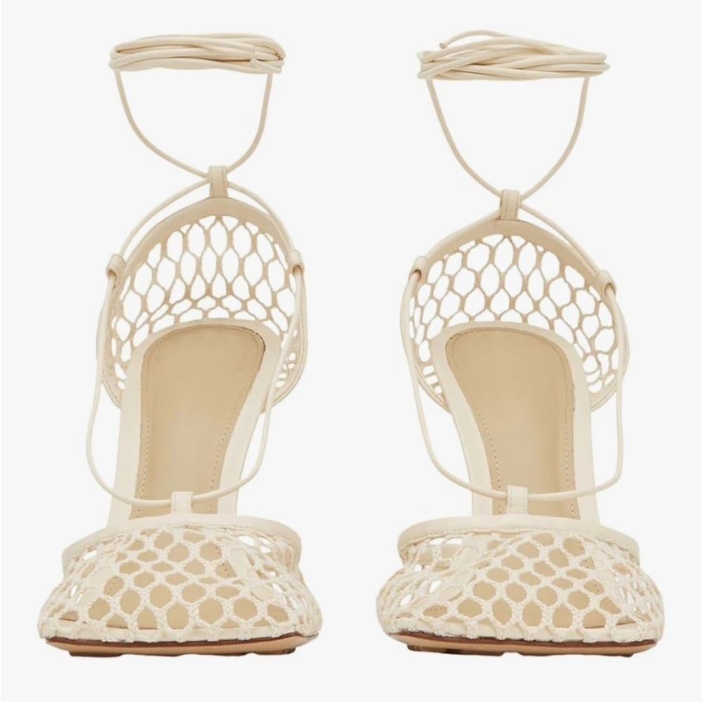 Olomisa Mesh Heels for Women - Wrap-up Heels with Square Toe & Strappy Fishnet